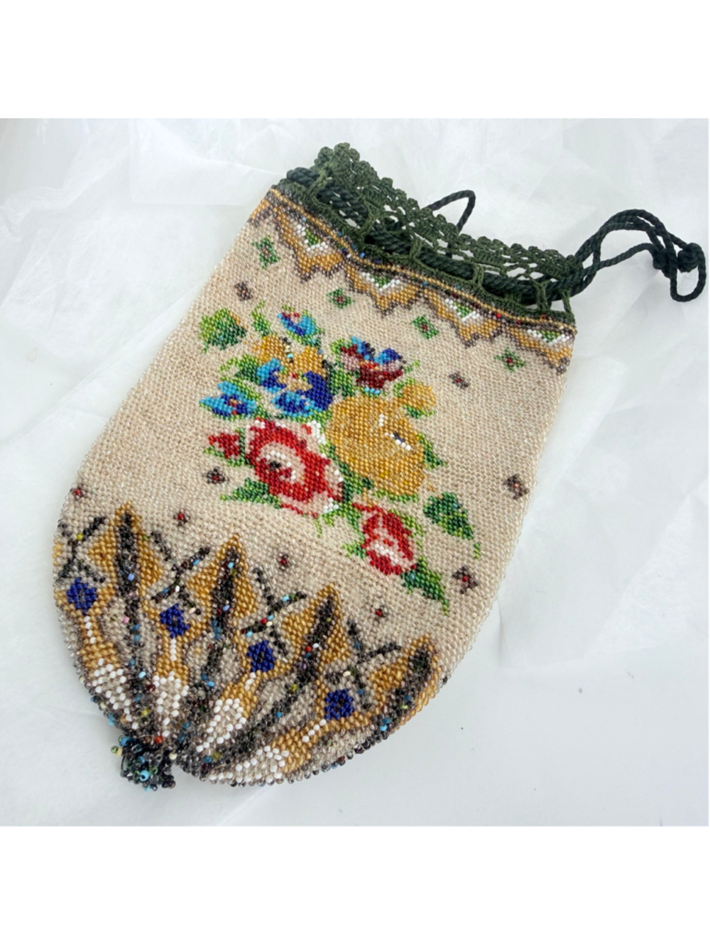 Antique Victorian French Belgian Beaded Reticule Polychrome Glass Bead Purse